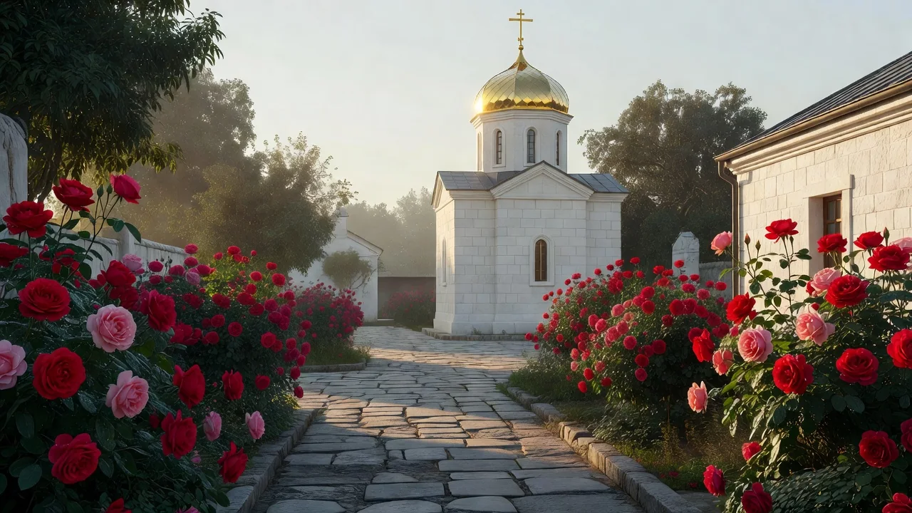 Тихий двор монастыря с храмом